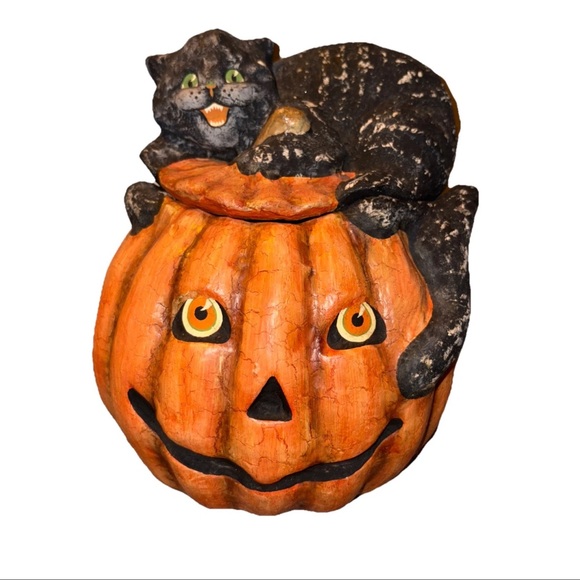 RARE Vintage Bethany Lowe Papier Mache Halloween Cat Pumpkin Decoration - Picture 1 of 7